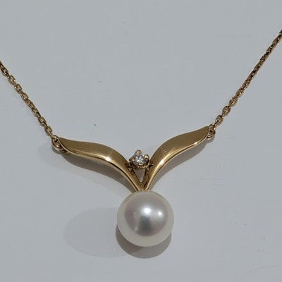 MIKIMOTO PEARL & DIAMOND NECKLACE 18K YELLOW GOLD 7MM PENDANT 40CM CHAIN W/ BOX