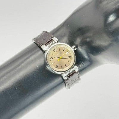 LOUIS VUITTON TAMBOUR Q1212 MONOGRAM WATCH BROWN DIAL STAINLESS STEEL QUARTZ