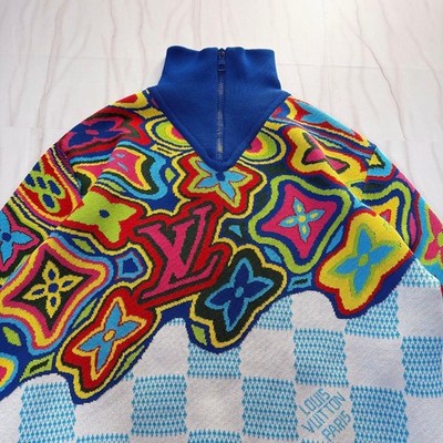 LOUIS VUITTON DISTORTED HALF-ZIP KNIT SWEATER MONOGRAM DAMIER WHITE BLUE SIZE M