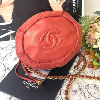 CHANEL MATELASSE LAMBSKIN DRAWSTRING CHAIN SHOULDER BAG RED QUILTED COCO MARK