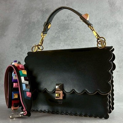 FENDI KANAI CHAIN SHOULDER BAG 2WAY LEATHER BLACK WOMEN USED AUTHENTIC