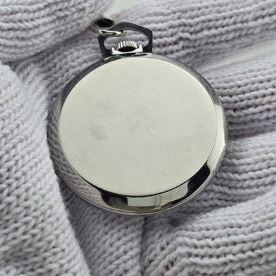 MOVADO VINTAGE POCKET WATCH 15 JEWELS ENAMEL DIAL MANUAL WIND W/ CHAIN WORKING