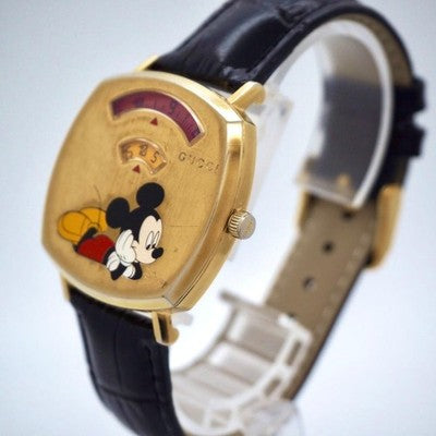 GUCCI DISNEY MICKEY MOUSE WATCH YA157420 BOYS SIZE GOLD DIAL BLACK BAND