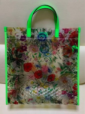 GUCCI FLORA GREEN VINYL TOTE BAG AUTHENTIC FLORAL PATTERN LARGE CAPACITY