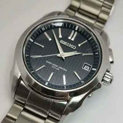 SEIKO BRIGHTZ SAGZ083 7B24-0AF0 SOLAR RADIO BLUE DIAL VERTICAL STRIPE MENS WATCH