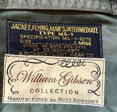 BUZZ RICKSON'S MA-1 WILLIAM GIBSON SAGE GREEN RARE FLIGHT JACKET NYLON SIZE L