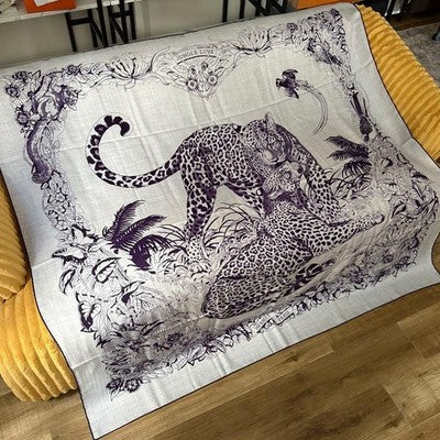 HERMES CARRE 140 JUNGLE LOVE LEOPARD CASHMERE SILK GRAY PURPLE GIFTS UNUSED