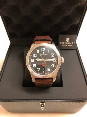 STEINHART MILITARY 42 AUTOMATIC WATCH ETA 2824-2 BLACK DIAL 42MM BROWN STRAP