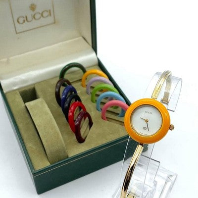 GUCCI CHANGE BEZEL 12 COLORS GOLD WOMEN'S WATCH M SIZE WORKING NEW BATTERY