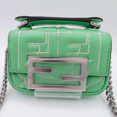 FENDI ZUCCA NANO BAGUETTE LEATHER SHOULDER BAG GREEN NEAR MINT