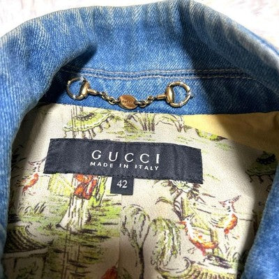 GUCCI NAPOLEON DENIM JACKET WITH GOLD BUTTONS FLORAL LINING M WOMEN
