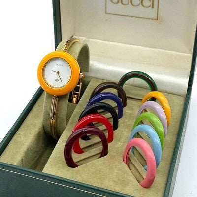 GUCCI CHANGE BEZEL 12 COLORS GOLD WOMEN'S WATCH M SIZE WORKING NEW BATTERY