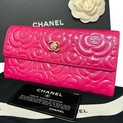 CHANEL CAMELLIA EMBOSSED CAVIAR SKIN LONG WALLET PINK GOLD HARDWARE