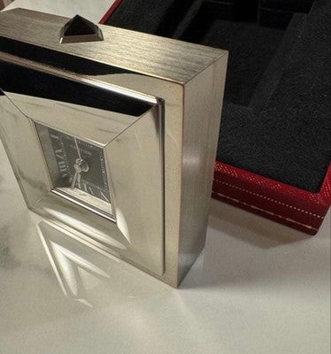 CARTIER TRAVEL CLOCK QUARTZ SQUARE BLACK DIAL DESK TABLE CLOCK W/BOX
