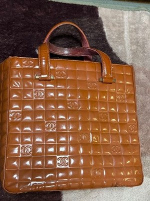 CHANEL CHOCOLATE BAR PATENT LEATHER TOTE BAG COCO MARK BROWN AUTHENTIC