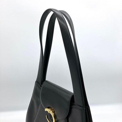 CARTIER PANTHERE BLACK LEATHER SHOULDER BAG GOLD HARDWARE AUTHENTIC JAPAN