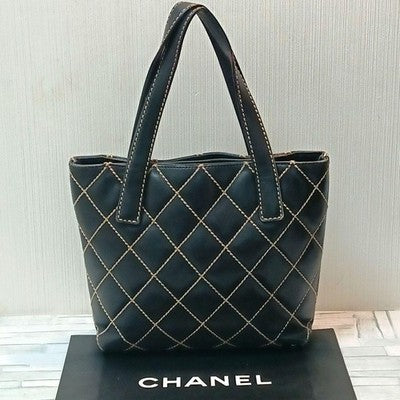 CHANEL WILD STITCH HANDBAG TOTE BAG CALFSKIN BLACK COCO MARK AUTHENTIC