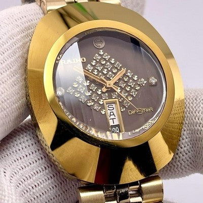RADO DIASTAR 636.0013.3 AUTOMATIC GOLD CASE BROWN DIAL DIAMOND INDEX 35MM WATCH