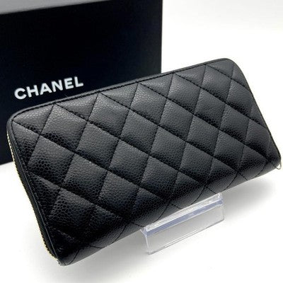 CHANEL CAVIAR SKIN MATELASSE ROUND ZIP LONG WALLET C195 GOLD HARDWARE