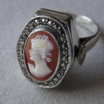 CAMEO RING WATCH HAND WINDING SIZE 12 LADIES MARCASITE VINTAGE JEWELRY