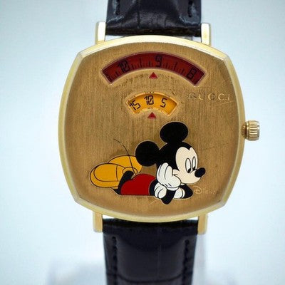 GUCCI DISNEY MICKEY MOUSE WATCH YA157420 BOYS SIZE GOLD DIAL BLACK BAND