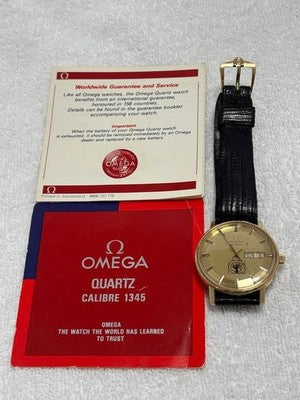 OMEGA 196.0120 DAY-DATE CAL.1345 GOLD DIAL 10KGF QUARTZ WATCH TESTED USED