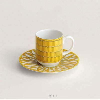 HERMES SOLEIL D'HERMES COFFEE CUP & SAUCER SET OF 2 PORCELAIN FRANCE NEW BOXED