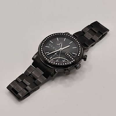 GUCCI 101M ROUND CHRONOGRAPH DIAMOND BEZEL QUARTZ WATCH BLACK BUCKLE
