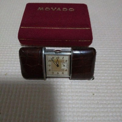 MOVADO ERMETO TRAVEL POCKET WATCH LEATHER CASE SILVER DIAL MANUAL VINTAGE