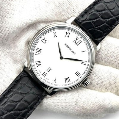 MONTBLANC TRADITION DATE 7336 MEN WATCH QUARTZ SILVER DIAL BOX EXCELLENT