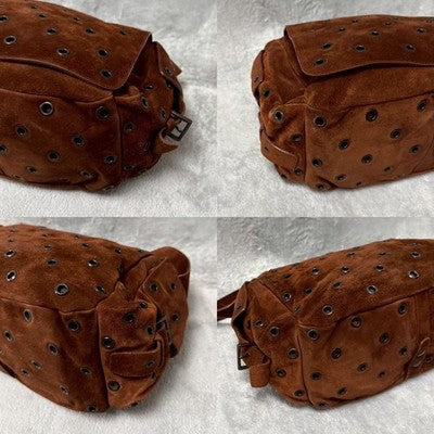 PRADA SUEDE GROMMET SHOULDER BAG BROWN PERFORATED LEATHER CROSSBODY