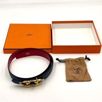 HERMES HORSEBIT REVERSIBLE LEATHER BELT SIZE 70 NAVY RED GOLD BUCKLE BOX