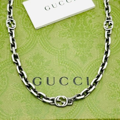 GUCCI INTERLOCKING CHAIN NECKLACE SILVER AG925 UNISEX APPROX. 60CM USED WITH BOX