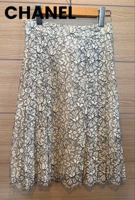 CHANEL LACE A-LINE SHEER SKIRT WHITE TONES WOMEN SIZE 36 MADE IN ITALY USED