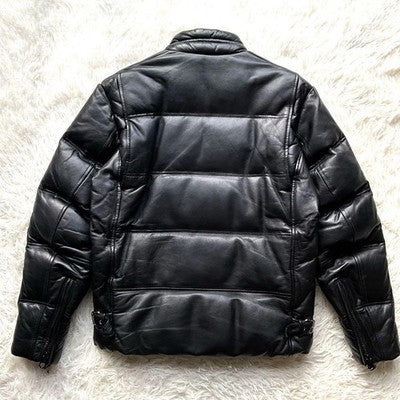 AUTH SCHOTT MEN'S ZIPPER DOWN JACKET LEATHER LOGO SIZE 40 BLACK VINTAGE