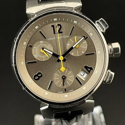 LOUIS VUITTON TAMBOUR CHRONOGRAPH Q1322 QUARTZ GOLD DIAL LEATHER LADY'S WATCH