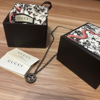 GUCCI INTERLOCKING G LOGO NECKLACE SILVER 925 DOUBLE G MEN'S W/BOX NEAR MINT
