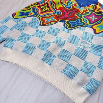 LOUIS VUITTON DISTORTED HALF-ZIP KNIT SWEATER MONOGRAM DAMIER WHITE BLUE SIZE M