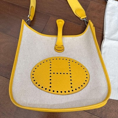 HERMES EVELYNE PM SHOULDER BAG YELLOW CANVAS & LEATHER COMBINATION, USED