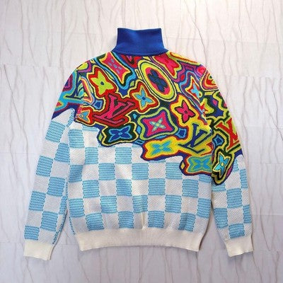 LOUIS VUITTON DISTORTED HALF-ZIP KNIT SWEATER MONOGRAM DAMIER WHITE BLUE SIZE M