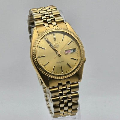 SEIKO 5 AUTOMATIC DAY-DATE 7S26-3110 FLUTED BEZEL GOLD DIAL MEN'S WATCH 36.3MM