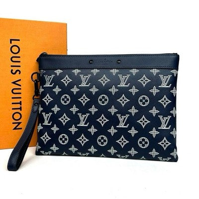LOUIS VUITTON MONOGRAM SHADOW POCHETTE TO GO M83382 CLUTCH BAG NAVY BLACK