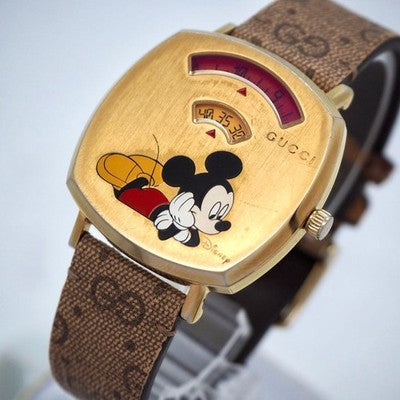 GUCCI DISNEY MICKEY MOUSE WATCH YA157420 BOYS SIZE GOLD DIAL BLACK BAND