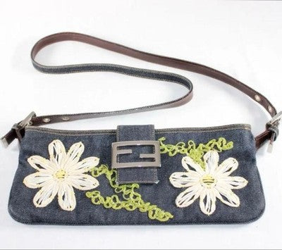 FENDI DENIM BAGUETTE SHOULDER BAG NAVY EMBROIDERED FLOWER EXCELLENT