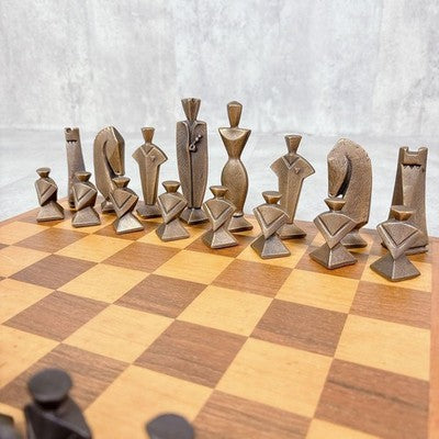 S488 BRONZE CHESS SET HANDMADE WOODEN CHESSBOARD STORAGE BOX ANTIQUE RETRO AS IS