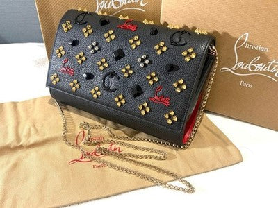 CHRISTIAN LOUBOUTIN PALOMA CLUTCH BLACK RED STUDDED CHAIN WALLET BAG 2WAY