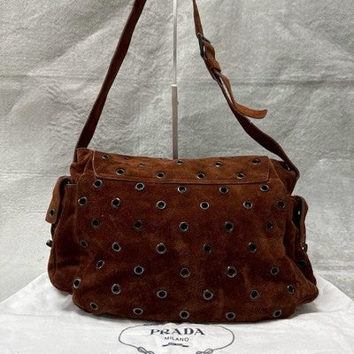 PRADA SUEDE GROMMET SHOULDER BAG BROWN PERFORATED LEATHER CROSSBODY