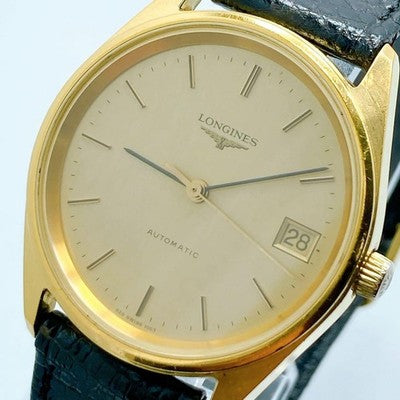 LONGINES 1663 AUTOMATIC DATE MEN'S VINTAGE GOLD DIAL ROUND WATCH BLACK STRAP