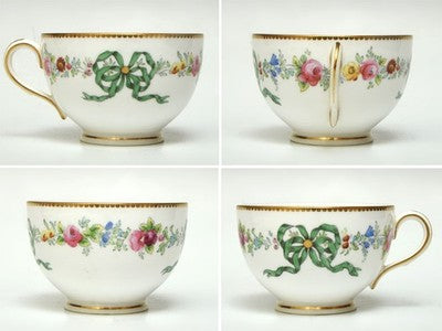 ROYAL WORCESTER TRIO SET, RIBBON FLORAL PATTERN, GOLD TRIM, 1909, CAKE PLATE