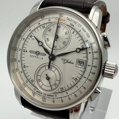 ZEPPELIN 100 JAHRE 8670-1 QUARTZ CHRONOGRAPH MEN'S WATCH SILVER DIAL BROWN BAND